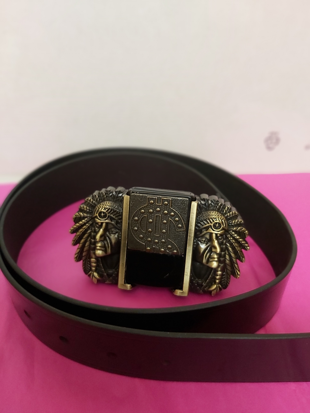 Men's Black Leather Belt with Bronze Native Chief Buckle